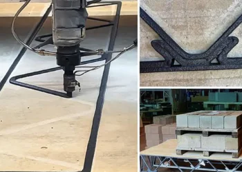 On left, the MIT HAUS large format 3D printer system deposits the first layer of a polymer composite 3D printed floor tr