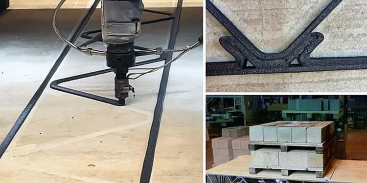 On left, the MIT HAUS large format 3D printer system deposits the first layer of a polymer composite 3D printed floor tr