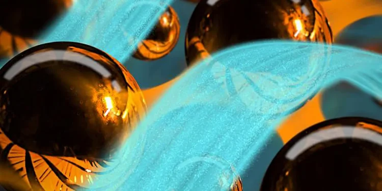 An artist’s depiction of a superfluid wave propagating through a layered superconductor.