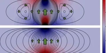 Vortex-induced heat backflow (top) in a simulated 2D graphite strip, compared with conventional heat flow (bottom). 2026