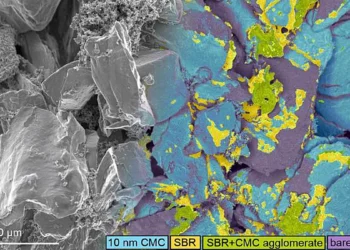 Nanoscopic carboxymethyl cellulose (CMC) layers and styrene butadiene rubber (SBR) agglomerates on graphite particles de