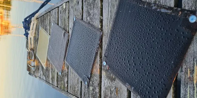 Panneaux composites fabriqués à partir de nouvelles résines biologiques exposés aux conditions climatiques. Les panneaux ont été testés dans le port pendant 90 jours afin d'observer les effets de l'eau, du rayonnement solaire UV, de la température et de l'humidité sur ceux-ci. Photo : Juha Heiskanen / Université d'Oulu (Crédit : Photo : Juha Heiskanen / Université d'Oulu)