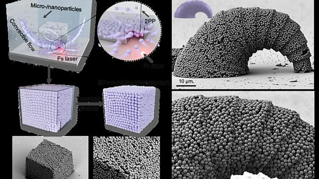 Légende : Concept de la micro- et nanofabrication optofluidique 3D.  a,  Illustration schématique du processus de micro- et nanofabrication optofluidique 3D, dans lequel un gradient de température localisé induit par un chauffage au laser femtoseconde génère un fort flux convectif, guidant l'assemblage 3D de micro- et nanoparticules dans un micro-modèle 3D creux confiné, imprimé par 2PP.  b,c,  Images au microscope électronique à balayage (MEB) d'un microcube assemblé à partir de particules colloïdales de SiO 2 .  d,e , Images MEB d'une microstructure en forme de croissant suspendu avec une surface courbe 3D assemblée à partir de particules de SiO 2 . 