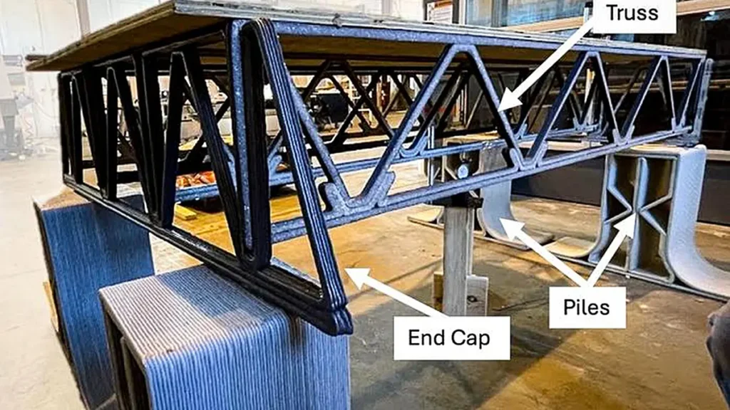 Le système de plancher terminé, illustré ici, comprend quatre pieux, deux embouts et quatre poutres.