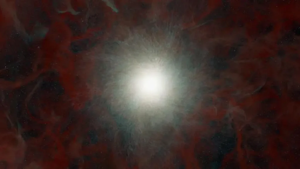 An illustration of a star that collapsed, forming a black hole. The black hole is at the center, unseen. Surrounding it