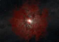An illustration of a star that collapsed, forming a black hole. The black hole is at the center, unseen. Surrounding it