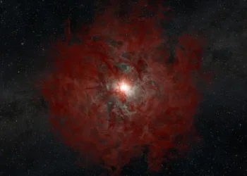 An illustration of a star that collapsed, forming a black hole. The black hole is at the center, unseen. Surrounding it