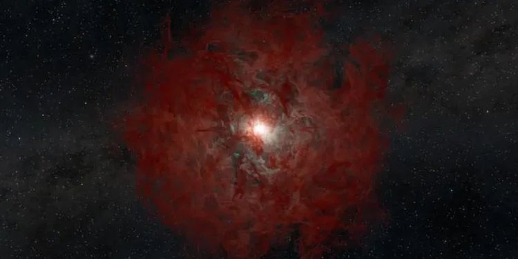 An illustration of a star that collapsed, forming a black hole. The black hole is at the center, unseen. Surrounding it