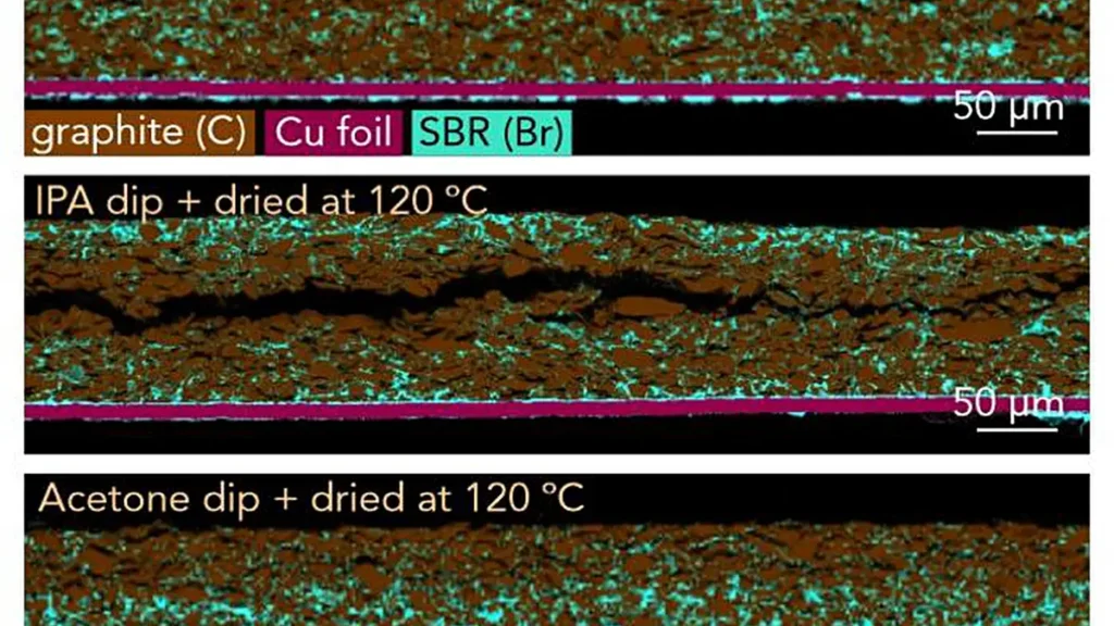 Utilisation de la coloration par liant et de la spectroscopie à rayons X à dispersion d'énergie (EDX) transversale pour optimiser le séchage rapide des électrodes. L'électrode supérieure a été séchée à une température élevée de 120 °C, ce qui a provoqué la migration d'une partie des liants en caoutchouc styrène-butadiène (SBR) (ici, marqués en vert) et en carboxyméthylcellulose (CMC) (non représentés) vers la surface supérieure de l'électrode, rendant le revêtement de l'électrode susceptible de se délaminer facilement du collecteur de courant en cuivre (marqué en magenta). L'électrode centrale a été brièvement trempée dans de l'isopropanol avant d'être séchée à 120 °C, ce qui a amplifié la concentration de liant au sommet, laissant la partie centrale de l'électrode pauvre en liant et sujette à des fissures importantes. L'électrode inférieure a été brièvement trempée dans de l'acétone avant d'être séchée à 120 °C. Le trempage dans l'acétone a empêché la migration des liants, les concentrant près du collecteur en cuivre et laissant plus de porosité dans la région supérieure de l'électrode pour un transport ionique plus efficace. En conséquence, l'électrode trempée dans l'acétone présentait une excellente adhérence au collecteur de courant et une résistance ionique des pores inférieure de 40 % à celle de l'électrode supérieure (non trempée). Crédit : Stanislaw Zankowski. (Crédit : Stanislaw Zankowski.)