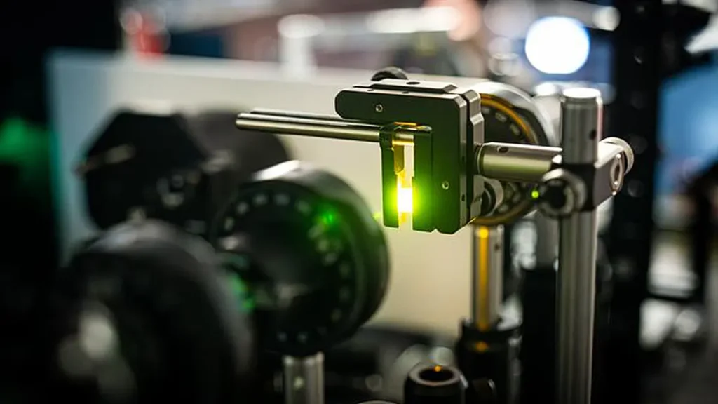 Examining a lead-halide perovskite crystal in the lab at ISTA using optical methods. The sample (center right) glows gre