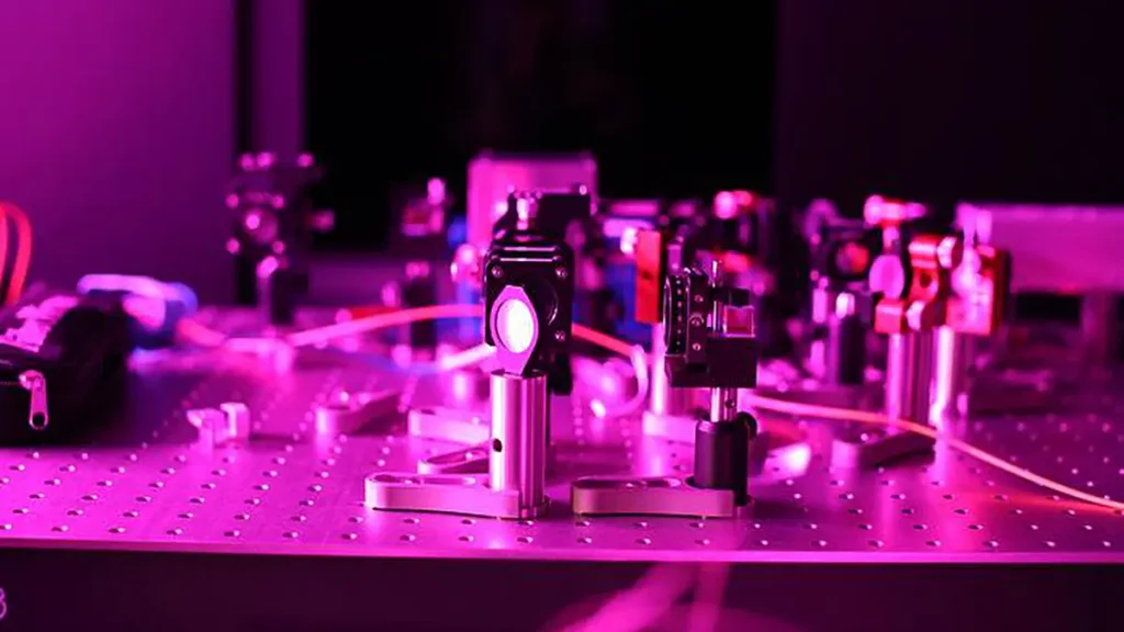 A closeup look at tabletop quantum simulator setups using lasers and lenses.
