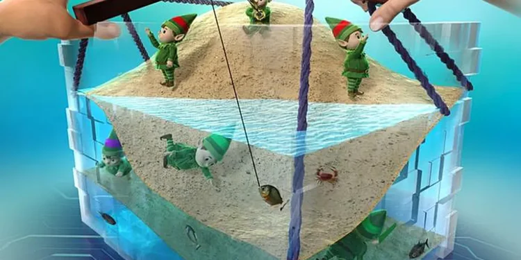 Le monde des électrons, où les électrons (nains) explorent leur bande d'énergie (plage), peut être manipulé à l'aide de champs externes ou de lumière dans des isolants fortement corrélés. Cette capacité permet de créer de nouveaux dispositifs électroniques dotés de fonctionnalités avancées. (Crédit : MANA, NIMS et Science Graphics. Co., Ltd.)