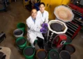 L'équipe de recherche, dirigée par Wei Zheng, chercheur au Centre des technologies durables de l'Illinois (ISTC), à gauche, et Hongxu Zhou, chercheur postdoctoral à l'ISTC, a ajouté un composant de traitement de l'eau « biochar de conception spéciale » à un bioréacteur à copeaux de bois standard afin de résoudre le double problème du ruissellement d'azote et de phosphore provenant de l'exploitation agricole. Crédit : Michelle Hassel