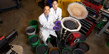 L'équipe de recherche, dirigée par Wei Zheng, chercheur au Centre des technologies durables de l'Illinois (ISTC), à gauche, et Hongxu Zhou, chercheur postdoctoral à l'ISTC, a ajouté un composant de traitement de l'eau « biochar de conception spéciale » à un bioréacteur à copeaux de bois standard afin de résoudre le double problème du ruissellement d'azote et de phosphore provenant de l'exploitation agricole. Crédit : Michelle Hassel