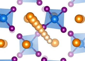 Les ions mobiles (en orange) se déplacent à travers la structure atomique d'un électrolyte solide à base de sodium.