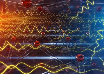 Les ondes jaunes montrent les vibrations atomiques propagées observées à la source de neutrons à spallation de l'ORNL. Dans une céramique intelligente et commutable, un champ électrique aligne les charges afin que les vibrations le long des lignes de champ blanches se propagent plus loin avec moins de perturbations, ce qui multiplie par près de trois le flux thermique.