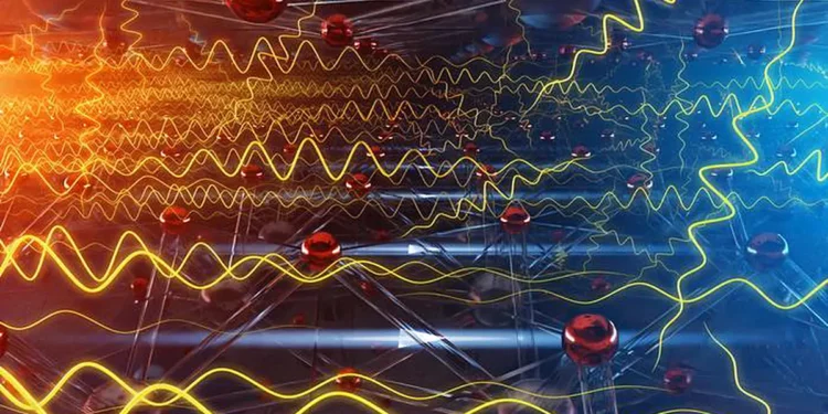Les ondes jaunes montrent les vibrations atomiques propagées observées à la source de neutrons à spallation de l'ORNL. Dans une céramique intelligente et commutable, un champ électrique aligne les charges afin que les vibrations le long des lignes de champ blanches se propagent plus loin avec moins de perturbations, ce qui multiplie par près de trois le flux thermique.