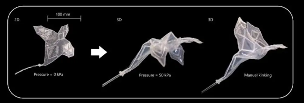 Exemple artistique d'un animal gonflable souple fabriqué à l'aide de notre méthode. Oiseau gonflable (pression interne de 50 kPa) aux ailes repliées, illustrant la reconfiguration de sa posture de vol lorsqu'il est gonflé