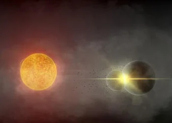 Lead author Andy Tzanidakis’ rendering of the planetary collision he suspects occurred around star Gaia20ehk in 2021.