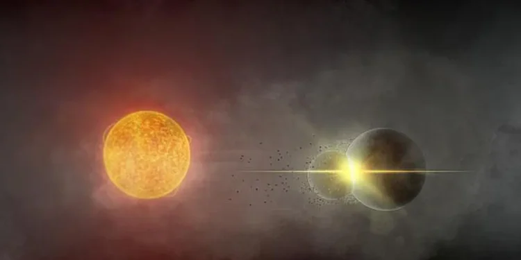 Lead author Andy Tzanidakis’ rendering of the planetary collision he suspects occurred around star Gaia20ehk in 2021.