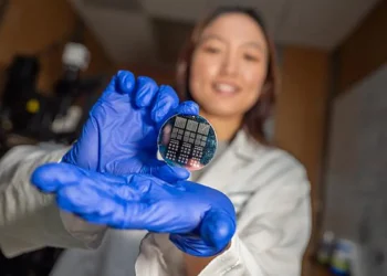 Une plaquette sur laquelle sont gravés les composants d'une plateforme matérielle inspirée du cerveau.