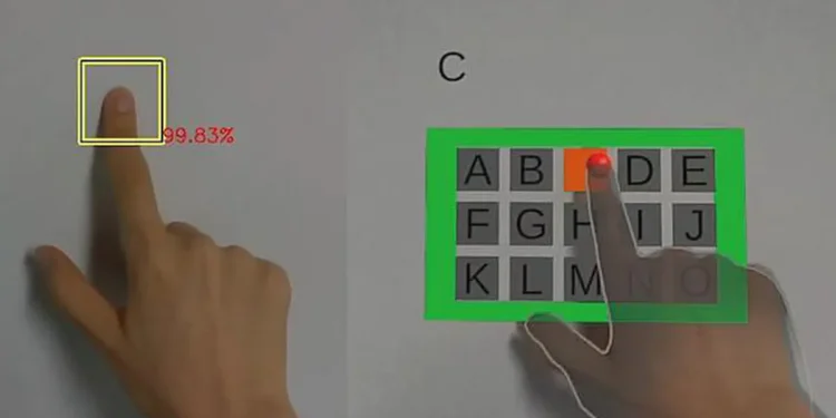 (à gauche) Exemple de détection de la pâleur par le modèle d'IA utilisé dans cette technologie. (à droite) Exemple d'application de cette technique : un mur sert de surface tactile pour interagir avec une interface virtuelle.