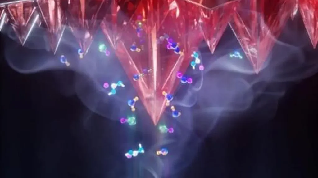 Illustration schématique d'une structure cristalline de pérovskite conforme et orientée, déposée par co-évaporation sur une plaquette de silicium standard industrielle texturée au micron. (Crédit : HKUST)