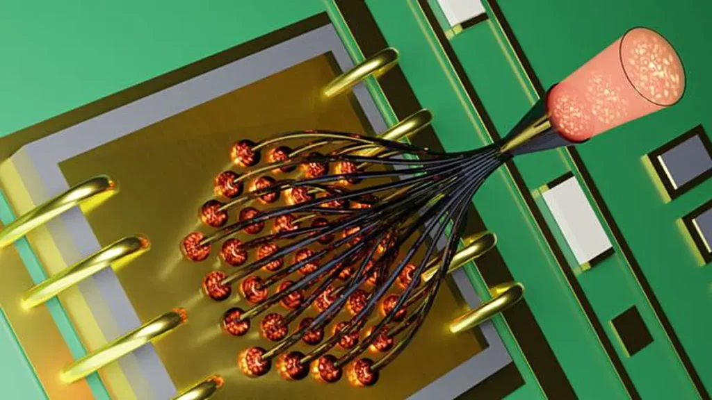 Représentation d'une lanterne photonique à micro-échelle imprimée directement sur une puce VCSEL (Crédit : Yoav Dana)