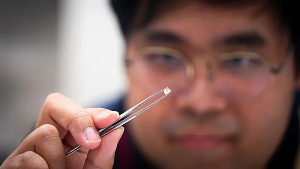Sakarn Khamkaeo, doctorant à l'université de Linköping, montre un cristal de pérovskite.
