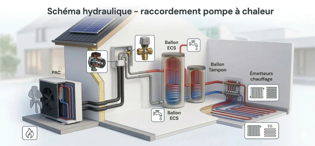 Schéma d’une installation PAC air-eau couplée à un ballon ECS