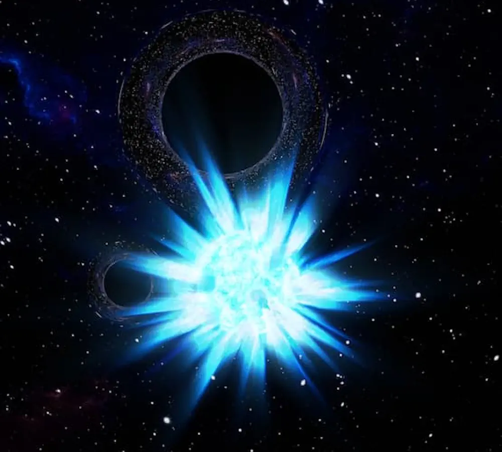 Cette illustration artistique représente une explosion stellaire, avec en arrière-plan des indices subtils suggérant la présence d'un système binaire de trous noirs. Crédit : Carl Knox, OzGrav