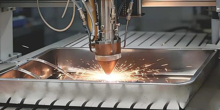 Gros plan sur un système de dépôt d'énergie dirigé par laser (LDED) servant à la fabrication d'un nouvel acier à très haute résistance conçu par IA, qui offre un équilibre exceptionnel entre résistance et ductilité ainsi qu'une excellente résistance à la corrosion, et qui ne nécessite qu'un traitement thermique en une seule étape d'une durée de 6 heures, à moindre coût.