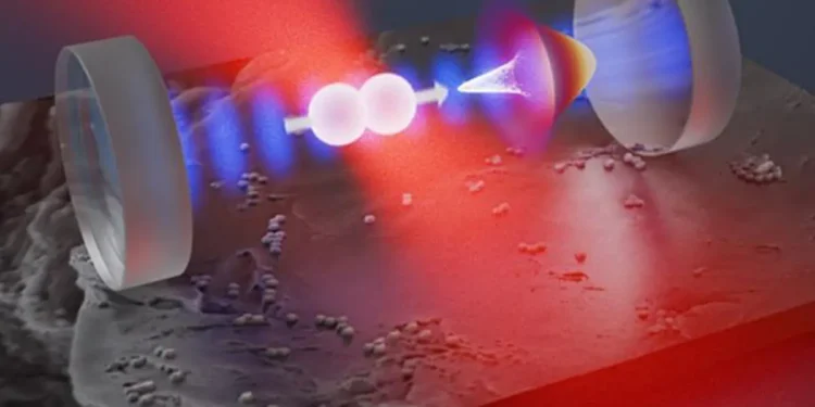 Un nanorotor en silice est piégé par une pince optique (en rouge) à l'intérieur d'un résonateur optique (en bleu). Une fois refroidi, l'alignement du rotor dans le champ de piégeage s'approche de sa limite d'incertitude quantique (cône blanc).