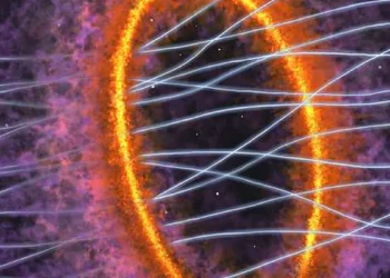 Représentation artistique du noyau du nuage moléculaire MC 27, réalisée à partir des observations du télescope ALMA. La protoétoile et le disque qui l'entoure sont visibles en bas à droite, tandis que le gaz chaud s'étend vers l'extérieur en formant une structure annulaire, traversée par des lignes de champ magnétique.