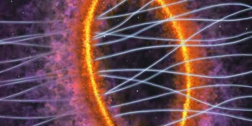 Représentation artistique du noyau du nuage moléculaire MC 27, réalisée à partir des observations du télescope ALMA. La protoétoile et le disque qui l'entoure sont visibles en bas à droite, tandis que le gaz chaud s'étend vers l'extérieur en formant une structure annulaire, traversée par des lignes de champ magnétique.