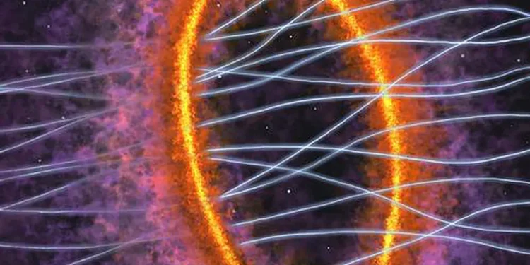 Représentation artistique du noyau du nuage moléculaire MC 27, réalisée à partir des observations du télescope ALMA. La protoétoile et le disque qui l'entoure sont visibles en bas à droite, tandis que le gaz chaud s'étend vers l'extérieur en formant une structure annulaire, traversée par des lignes de champ magnétique.