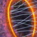 Représentation artistique du noyau du nuage moléculaire MC 27, réalisée à partir des observations du télescope ALMA. La protoétoile et le disque qui l'entoure sont visibles en bas à droite, tandis que le gaz chaud s'étend vers l'extérieur en formant une structure annulaire, traversée par des lignes de champ magnétique.