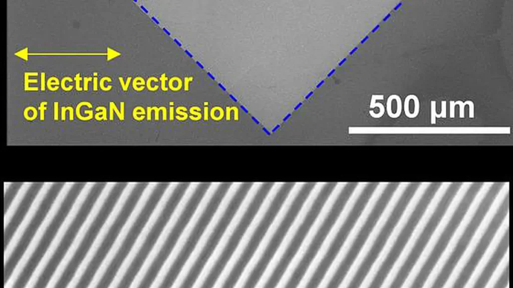 Image au microscope électronique à balayage d'une métasurface mise en évidence, fabriquée sur une structure de LED InGaN semi-polaire.