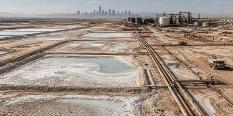 Illustration IA d'une vue aérienne d'une mine de lithium aux États-Unis, avec des bassins d'eau presque vides. crédit : GenAI