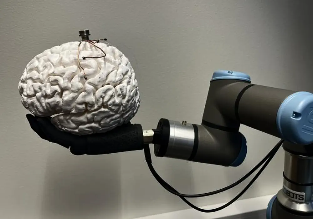 Une image montrant l'une des interfaces cerveau-ordinateur (ICE) développées en parallèle depuis 50 ans pour la restauration du toucher et de la vision, sur un modèle de cerveau. Le cerveau est posé sur une prothèse de main, utilisée pour la restauration du toucher. Aujourd'hui, grâce à une nouvelle étude menée par Giacomo Valle, maître de conférences à l'université technologique de Chalmers, en Suède, cette technologie est mise à profit pour la restauration de la vue et de la vision.