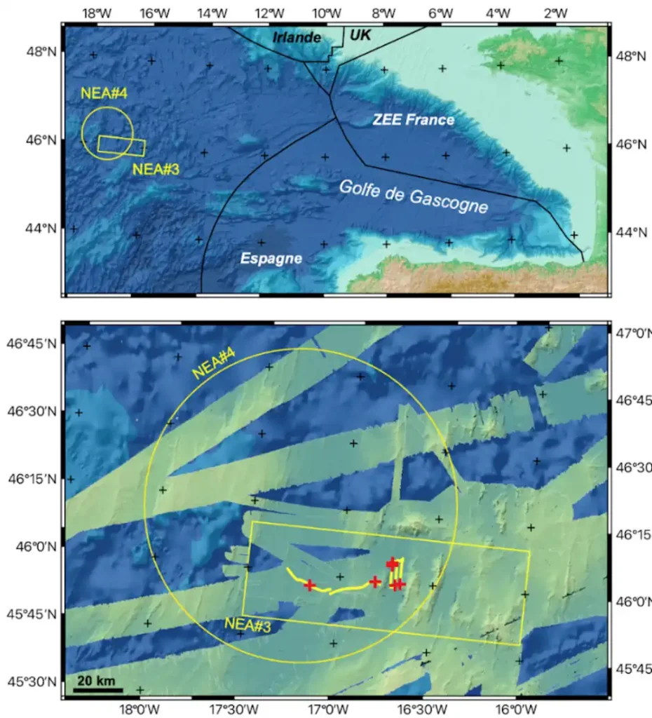 Localisation des zones dans la plaine abyssale de l’Atlantique Nord-Est des zones d’immersion de fûts radioactifs (NEA#3 et #4) en eaux internationales (haut). La carte de détail (bas) montre la bathymétrie disponible, ainsi que la localisation des 6 fûts (croix rouges) identifiés par le submersible Epaulard lors des plongées en 1985.