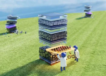 Artist's view of the new perovskite triple-junction solar cell comprising different perovskite semiconductors, with a no