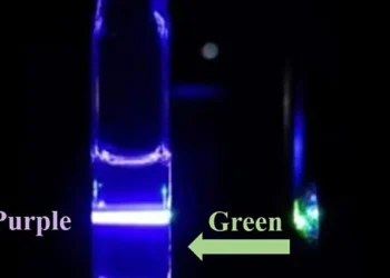 Lumière verte en entrée, violette en sortie : une faible énergie convertie en haute énergie