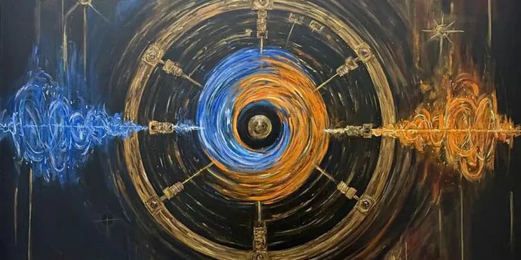 Artistic rendering of Penrose super-radiance: electromagnetic waves with selected rotation patterns are amplified as the