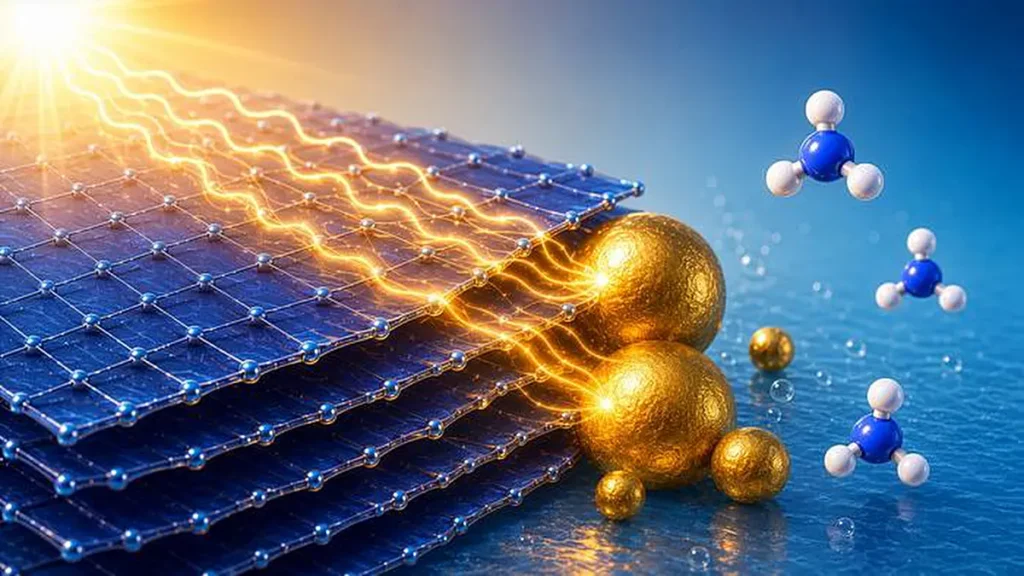 La lumière frappe le matériau, et l'énergie est transférée aux particules d'or, où de l'ammoniac est produit. (Crédit : TU Wien)