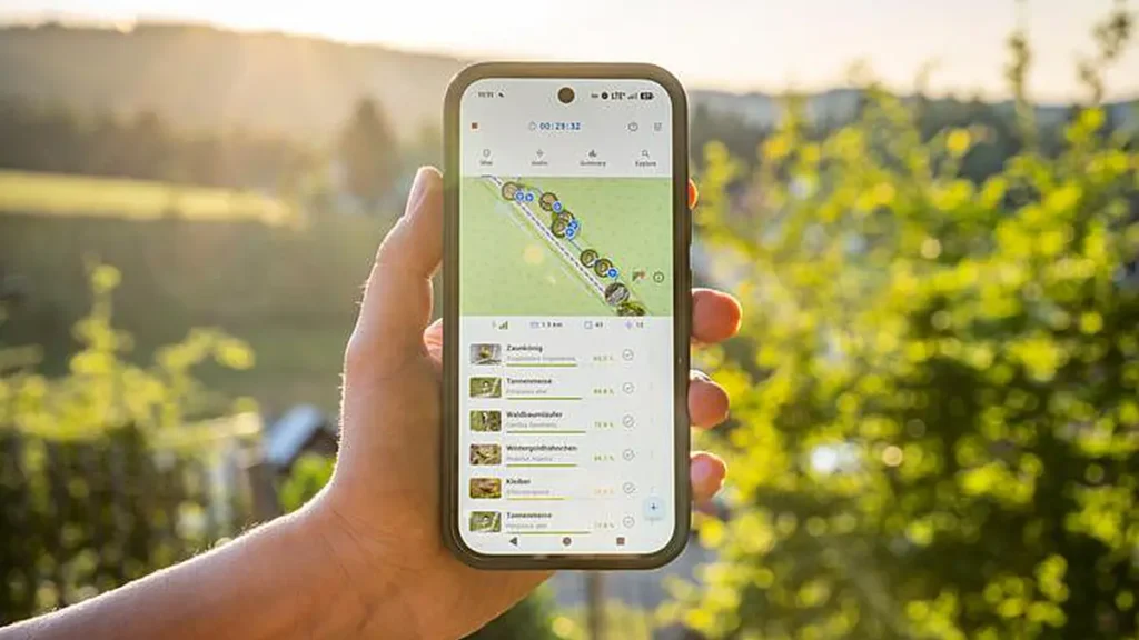 En mode « transect », l'application BirdNET Live dédiée aux chants d'oiseaux fonctionne pendant plusieurs heures. Cette fonctionnalité est utile pour des applications dans les parcs nationaux, en écologie et en protection de la nature, car elle permet d'associer des chants d'oiseaux à des points précis le long d'un parcours effectué à pied. (Crédit : Stefan Kahl / Université technique de Chemnitz)