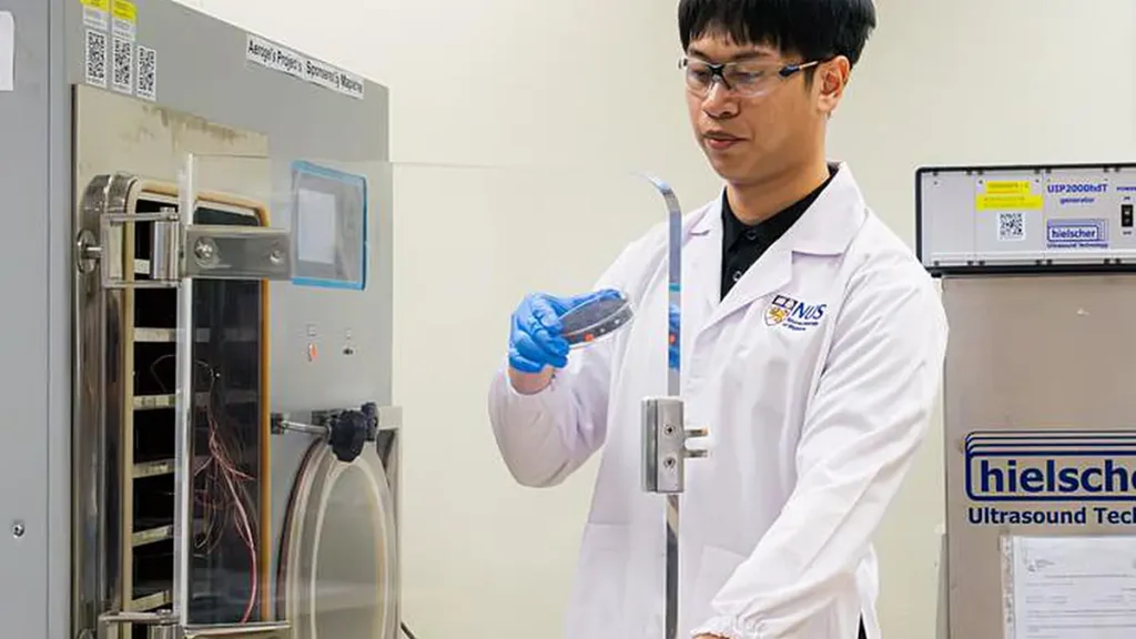 Mr Ngo Minh Quang Phan, first author of the study, prepares a carbon fibre epoxy aerogel sample using a freeze dryer.