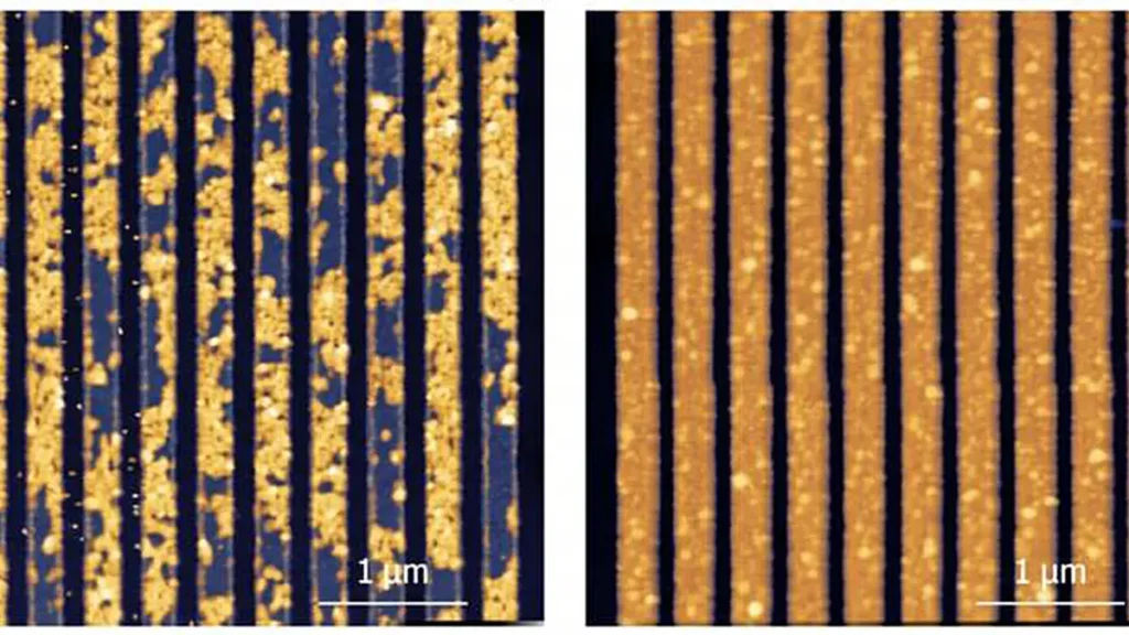 Copper lines without the amorphous carbon coating (left) were degraded by exposure to a copper etchant, while coated lin
