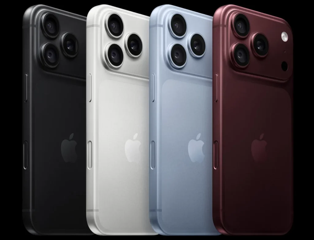 Coloris bordeaux, glacier, argent et noir sur les deux modèles Pro. Crédit : Apple