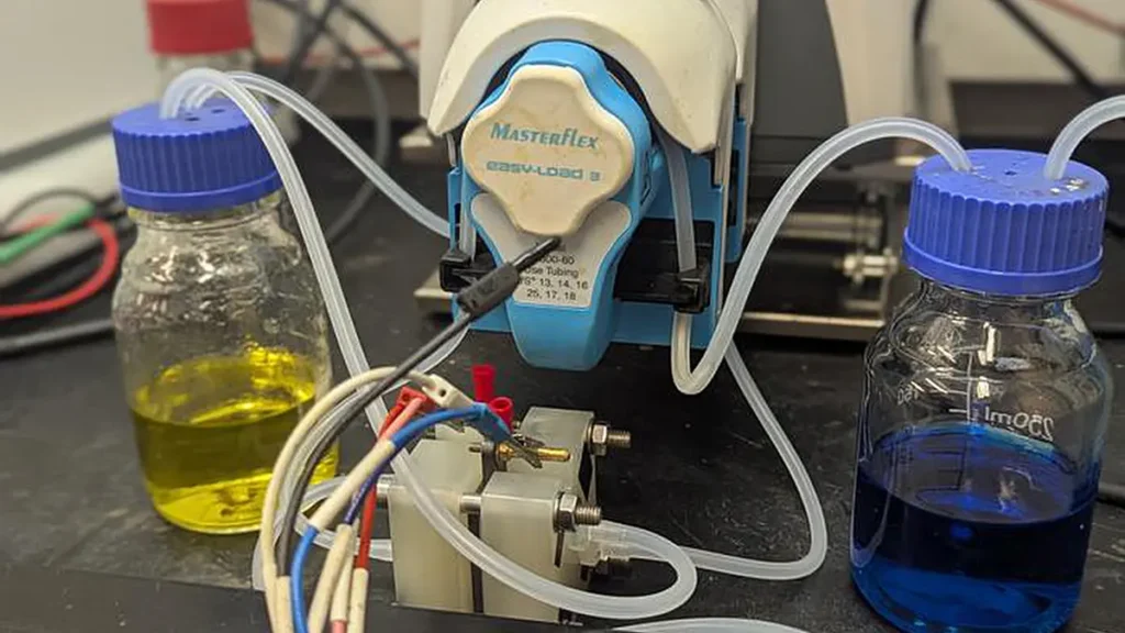 Le dispositif de batterie à flux redox se compose d'un réacteur relié à deux béchers qui servent de réservoirs d'électrolyte, avec des tuyaux